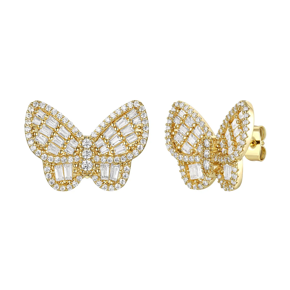 14k Gold Plated Sterling Silver With Diamond Cubic Zirconia Clusters Butterfly Stud Earrings