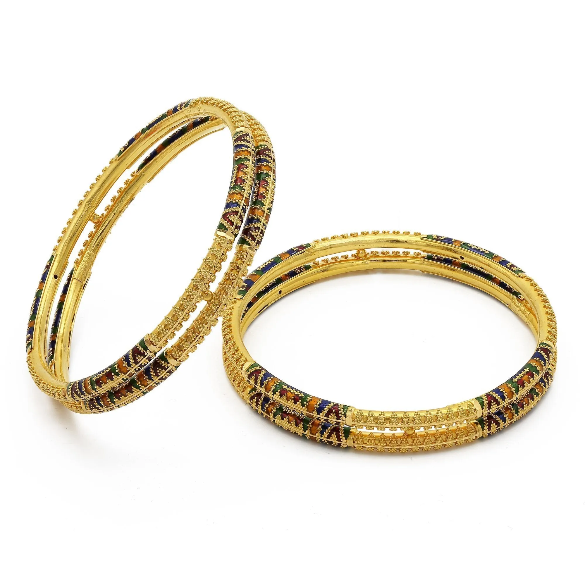 22K Yellow Gold Beaded Filigree Bangles W/ Ethnic Paint Finish, Set of 2