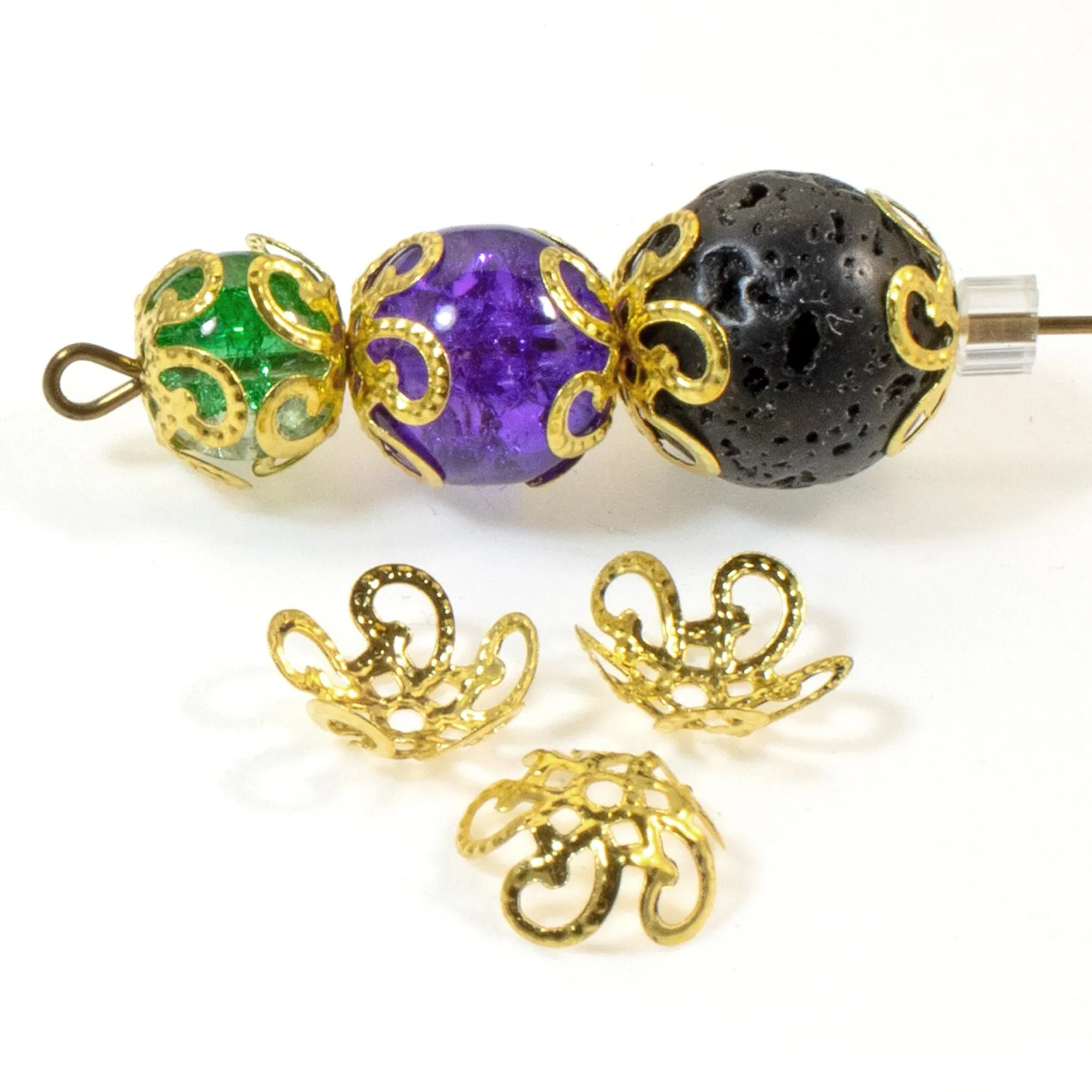 50/Pkg 9mm Flexible Gold Bead Caps, Filigree Flower Caps Fits 8mm  Beads