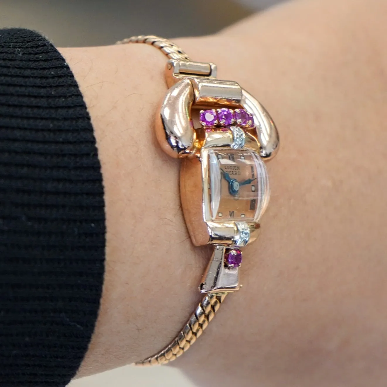 LUCIEN PICCARD Art Deco Ladies' 14K Rose Gold Cocktail Watch – 'Telephone' Design Rubies & Diamonds Wristwatch
