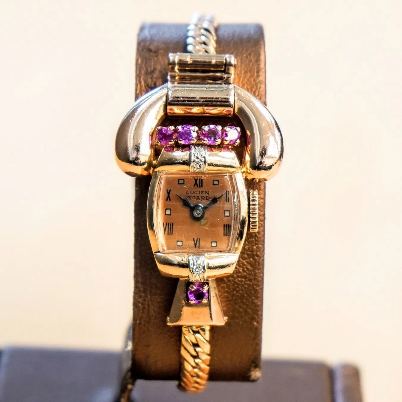 LUCIEN PICCARD Art Deco Ladies' 14K Rose Gold Cocktail Watch – 'Telephone' Design Rubies & Diamonds Wristwatch