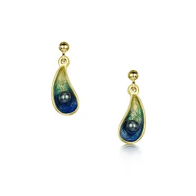 Mussel Small 18ct Yellow Gold Drop Earrings with Black Pearls in Ocean Enamel