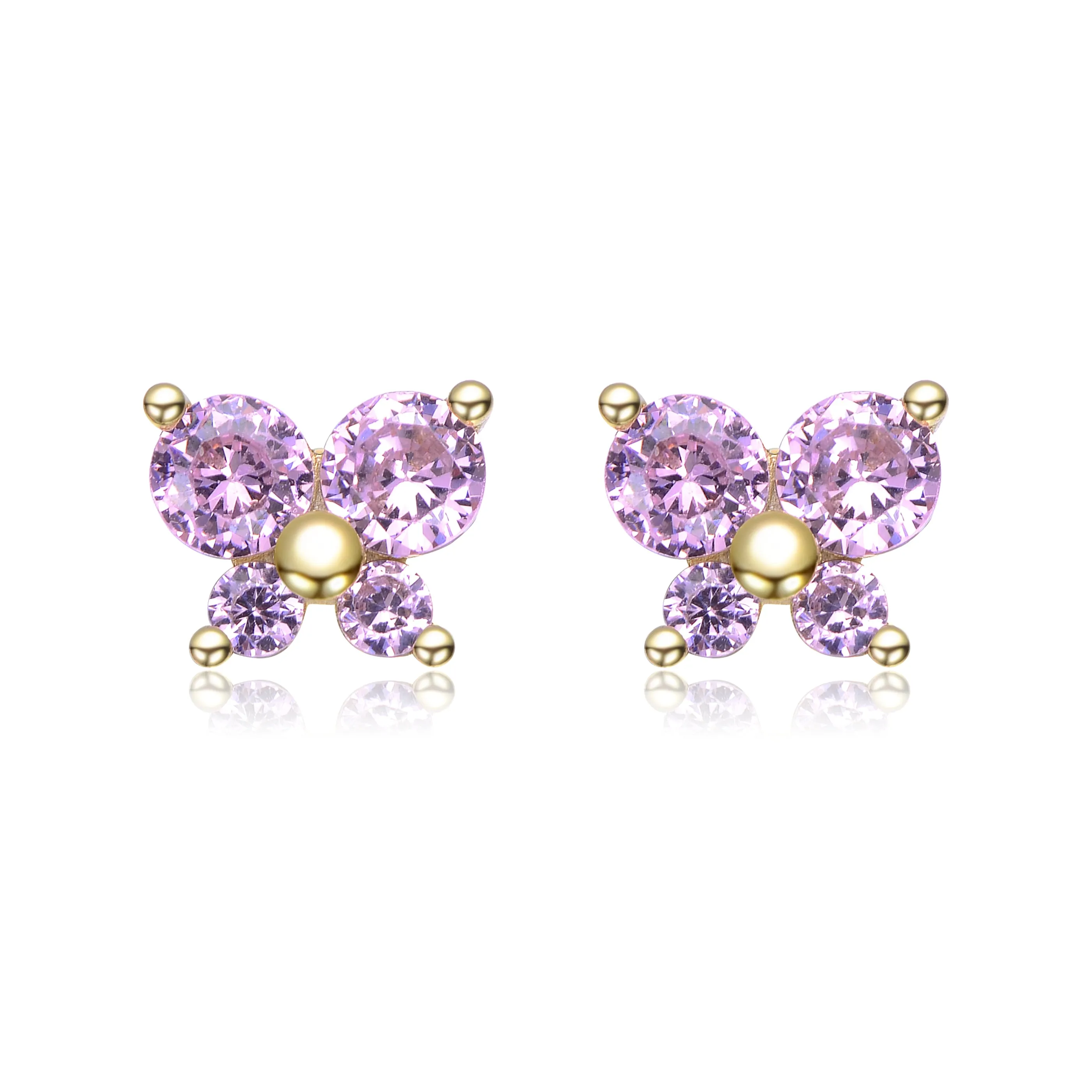 Pink Sterling Silver 14k Gold Plated Cubic Zirconia Four-Stone Butterfly Cluster Stud Earrings