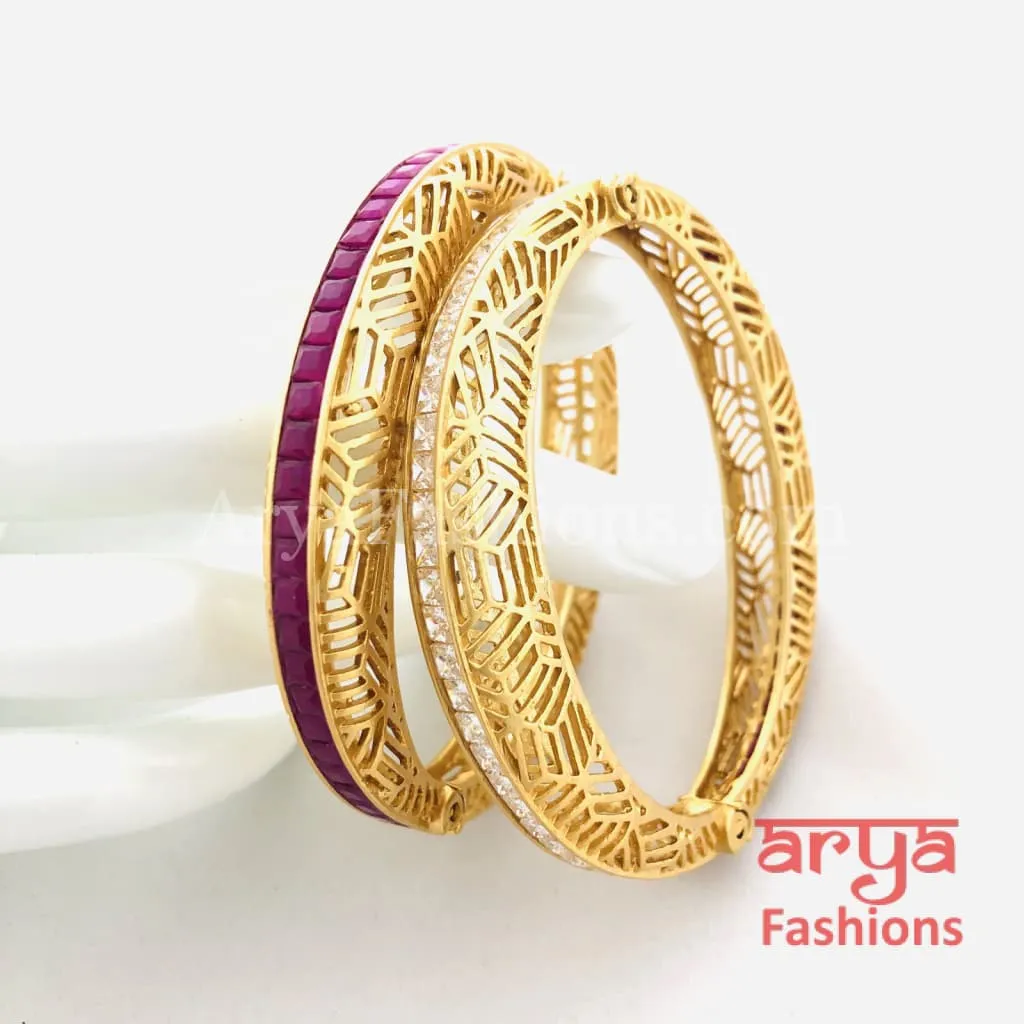 Ruby Kundan CZ Openable Kadas, Pair of 2 Bangles