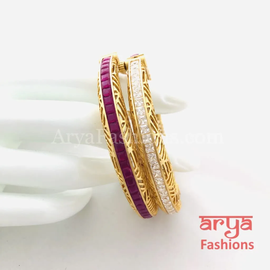 Ruby Kundan CZ Openable Kadas, Pair of 2 Bangles