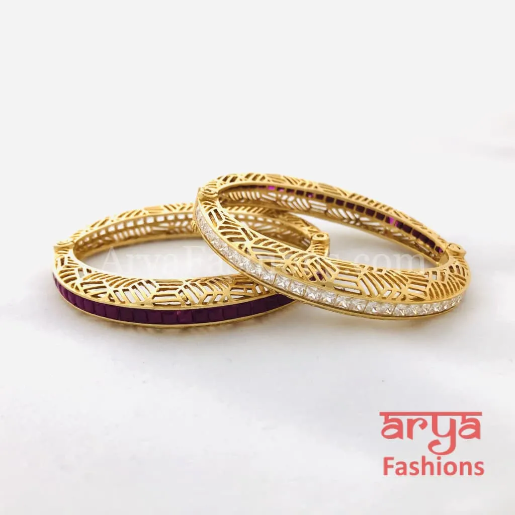 Ruby Kundan CZ Openable Kadas, Pair of 2 Bangles