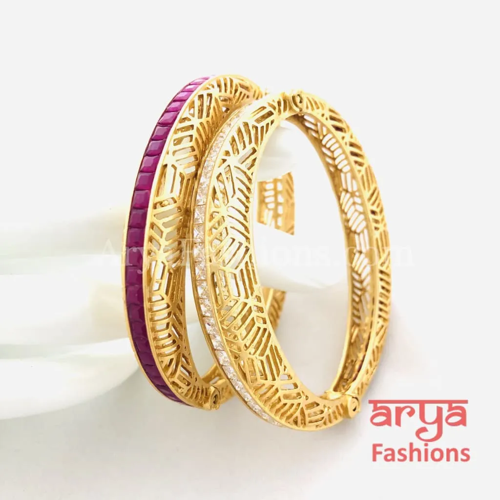 Ruby Kundan CZ Openable Kadas, Pair of 2 Bangles