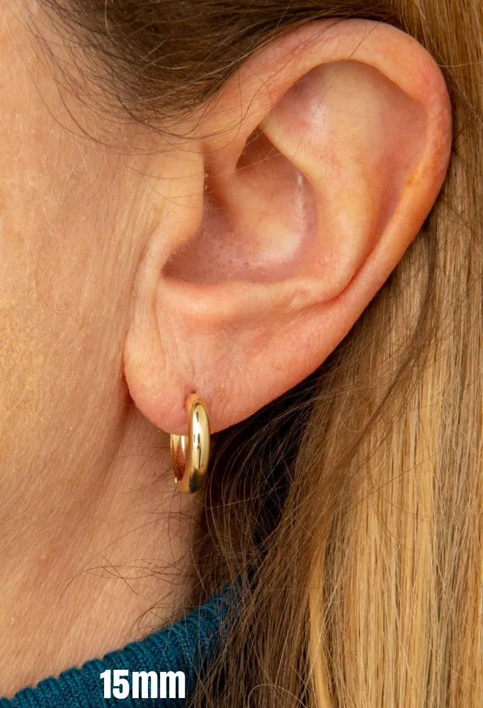 Small 14k Yellow Gold Wide Hinged Huggie Hoop Earrings, 0.5 In (12mm) or 0.6 In (15mm) (3mm Tube)