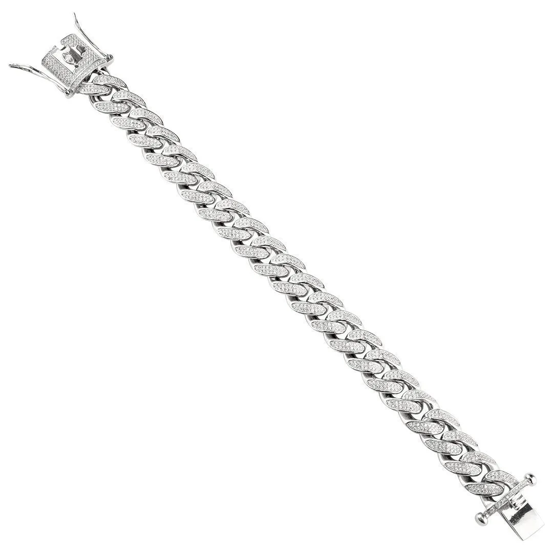 Sterling Silver Cubic Zirconia Stones Cuban Link Bracelet 13 mm